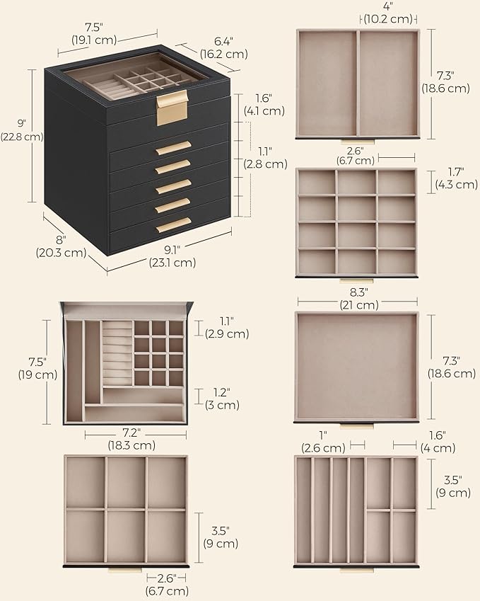 SONGMICS GISELLA Collection - Jewelry Box Organizer, 6-Layer Jewelry Storage with 5 Drawers, Shiny Metal Hardware, Glass Lid, Modern, 8 x 9.1 x 9 Inches, Ink Black and Gold Color UJBC176B01