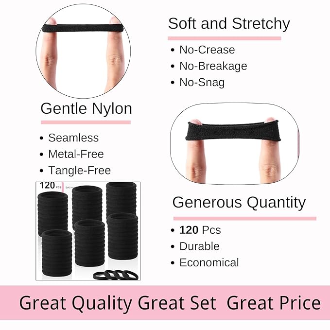 LuSeren 120PCS Black Hair Ties for Thick Hair Ã¢ÂÂ Seamless No Damage Elastic Ponytail Holders, Black Hair Band,Bulk Nylon Hair Elastics for Women