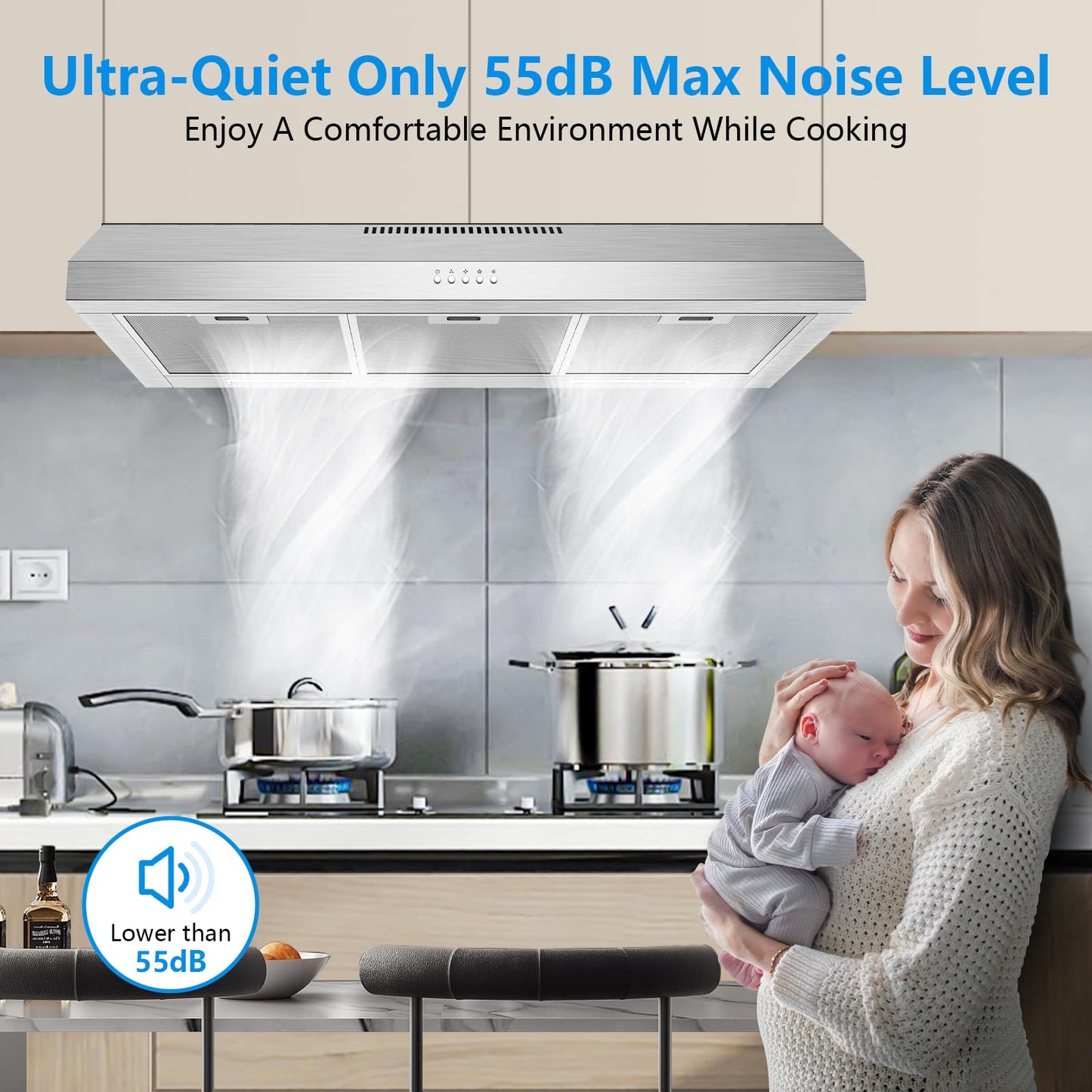 600 CFM Range Hood 36 Inch, Under Cabinet Range Hood for Duct/Ductless Convertible, Stainless Steel Kitchen Stove Vent Hood with 3 Speed Kitchen Exhaust Fan and Two Bright Energy-Saving LED Light