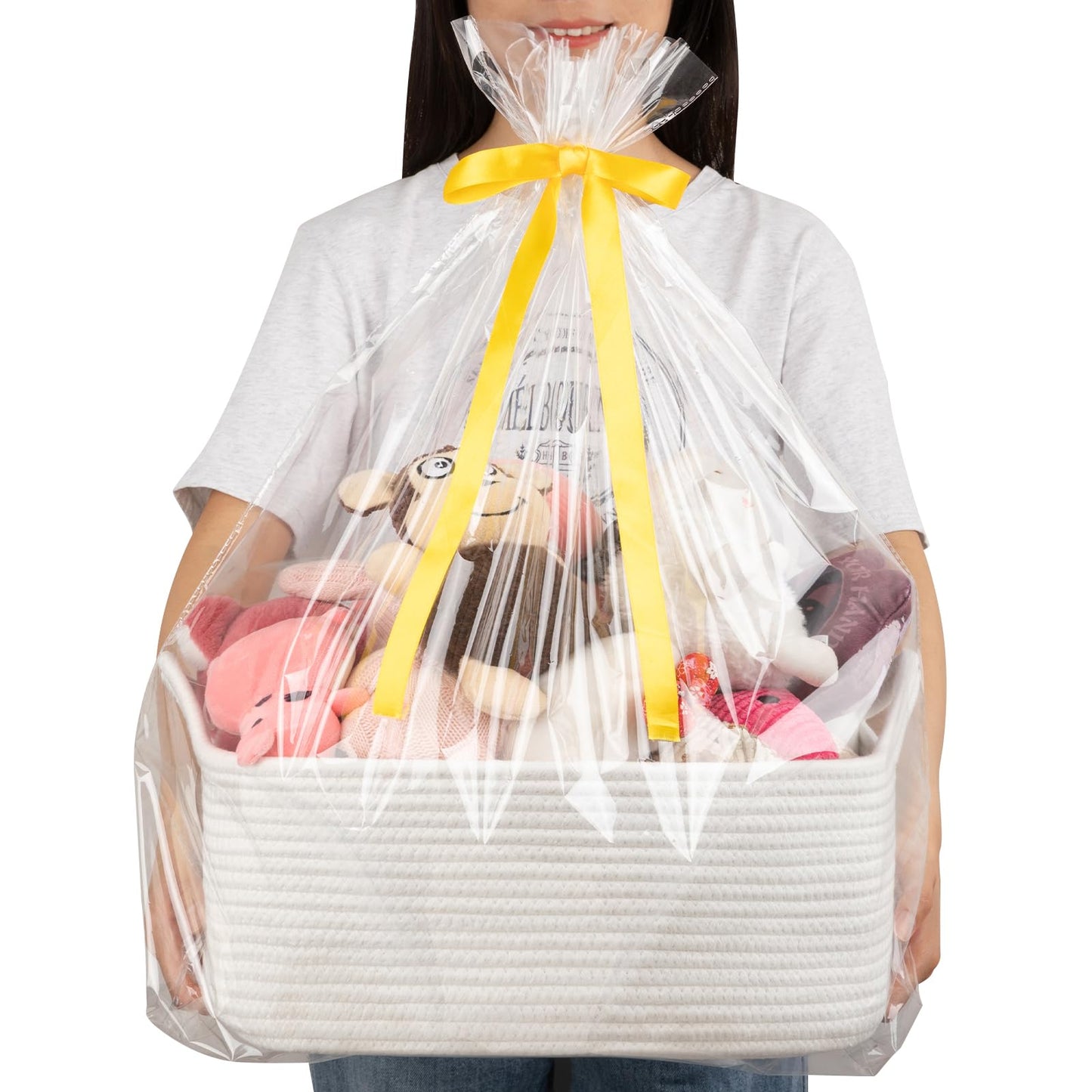 OIAHOMY 19L Woven Basket, Gift Basket Empty with Gift Bags and Ribbons, Rope Baskets for Baby Showers, Storage Baskets with Handles for Nursery, Pet Toy Organizer - White