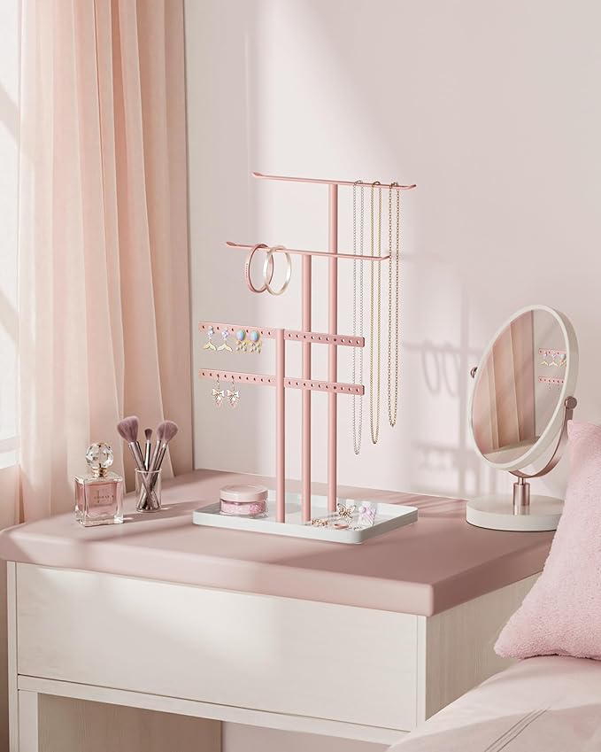 pickpiff Pink Jewelry Stand Holder Organizer: 14.5" Sturdy Hanger for 80 Pcs Jewelry, Jewlery Tower for Display Necklace, Earring, Bracelet, Watch