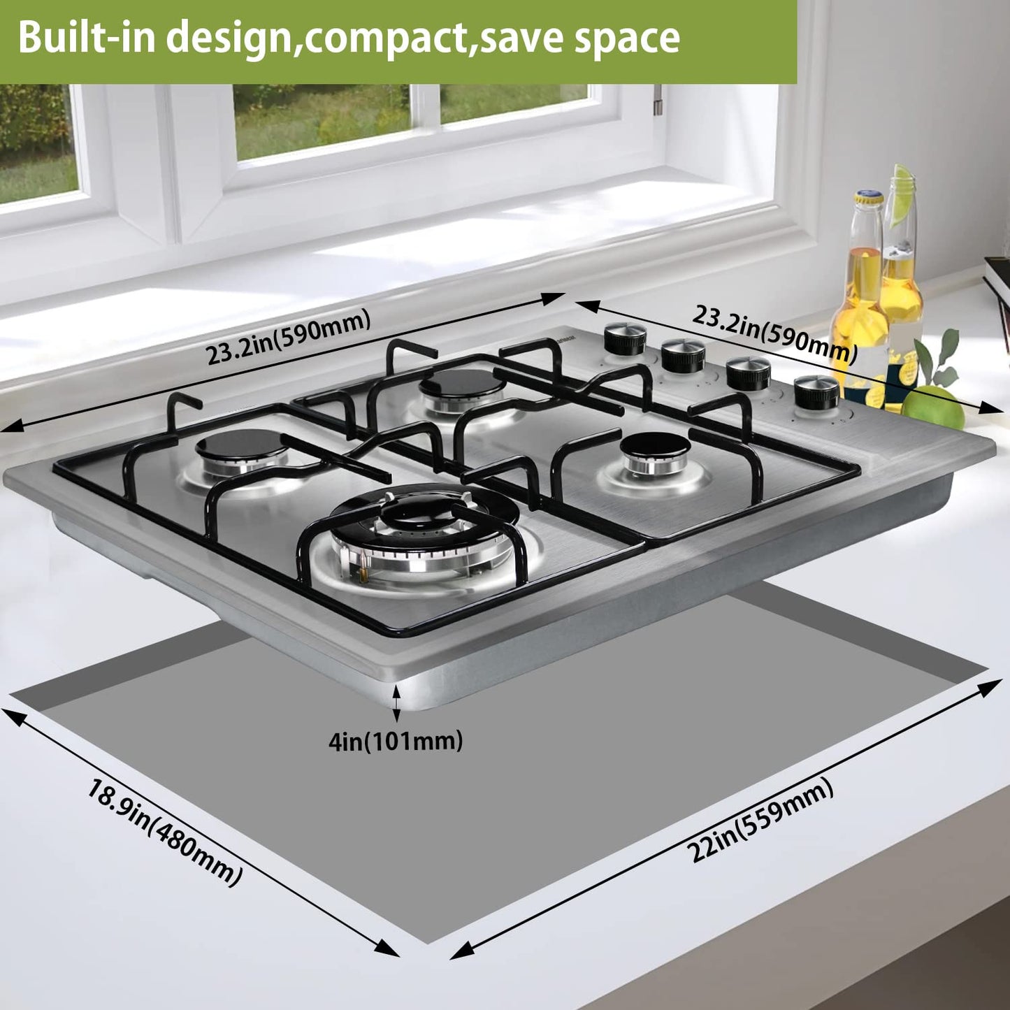 Karinear 24 Inch Gas Cooktop - 4 Burner Stainless Steel Gas Hob, NG/LPG Dual Fuel with Thermocouple Protection for Apartments (Includes Pressure Regulator)
