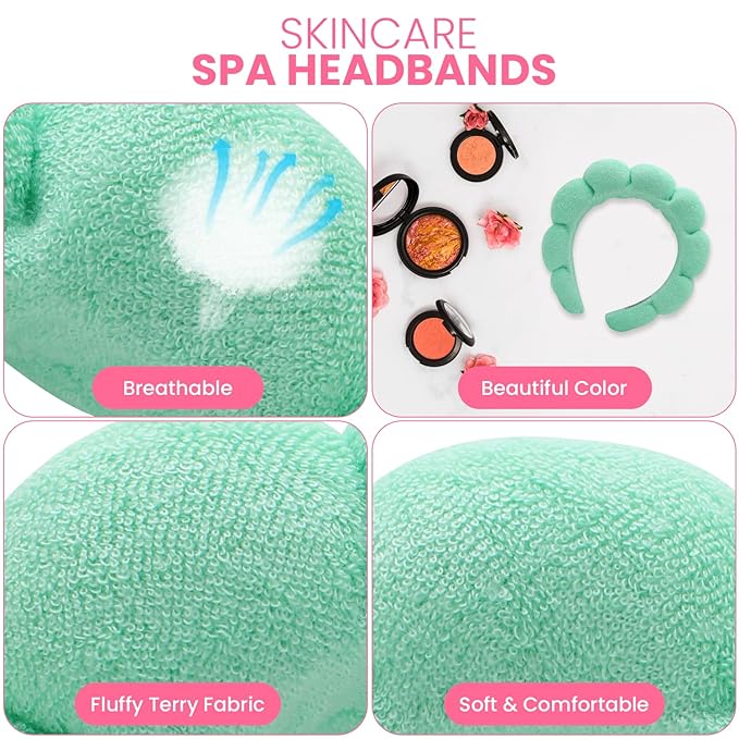 Spa Headbands for Washing Face, Makeup and Skincare. 4 Pc Set of Skin Care Head band with Wristbands. Puffy Terry Cloth, Non Slip Get Ready Hairband for Women, Teens, Girls. Cute Hair Accessories.