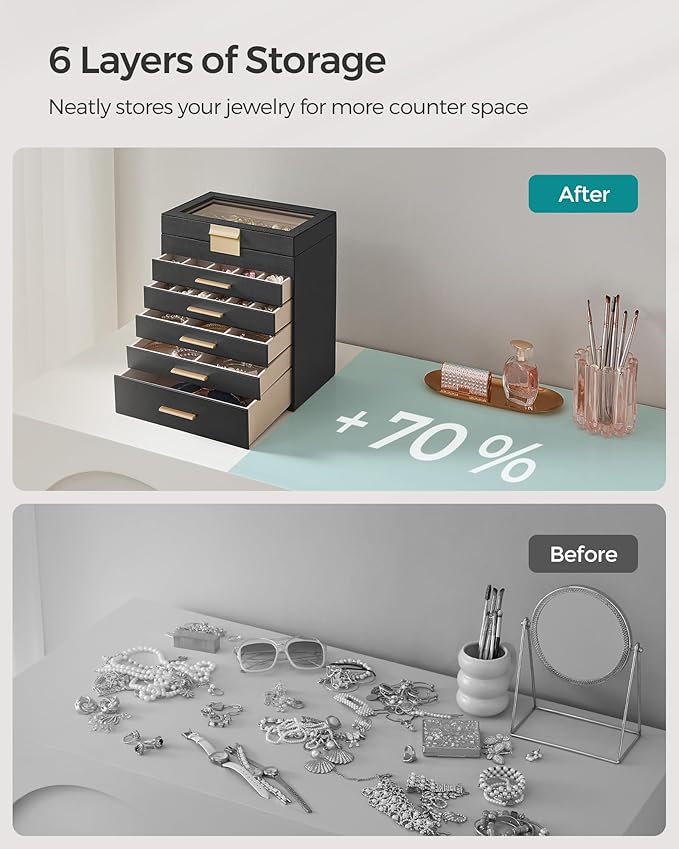 SONGMICS GISELLA Collection - Jewelry Box Organizer, 6-Layer Jewelry Storage with 5 Drawers, Shiny Metal Hardware, Glass Lid, Modern, 6.4 x 9.9 x 11.4 Inches, Ink Black and Gold Color UJBC171B01