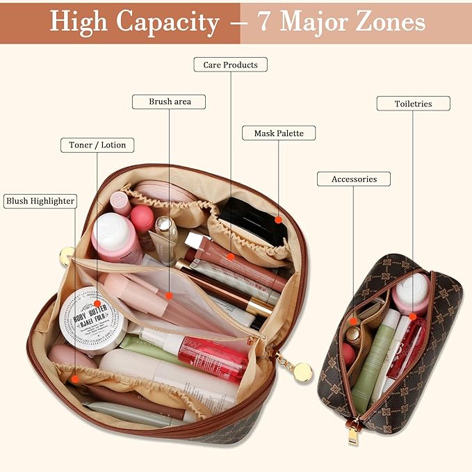 Birthday Gifts for Women Teen Girl, Personalized Initial Makeup Organizer Bag Set, Open Flat Travel Cosmetic Bag With Clear Divider and Handle(Coffee,M)