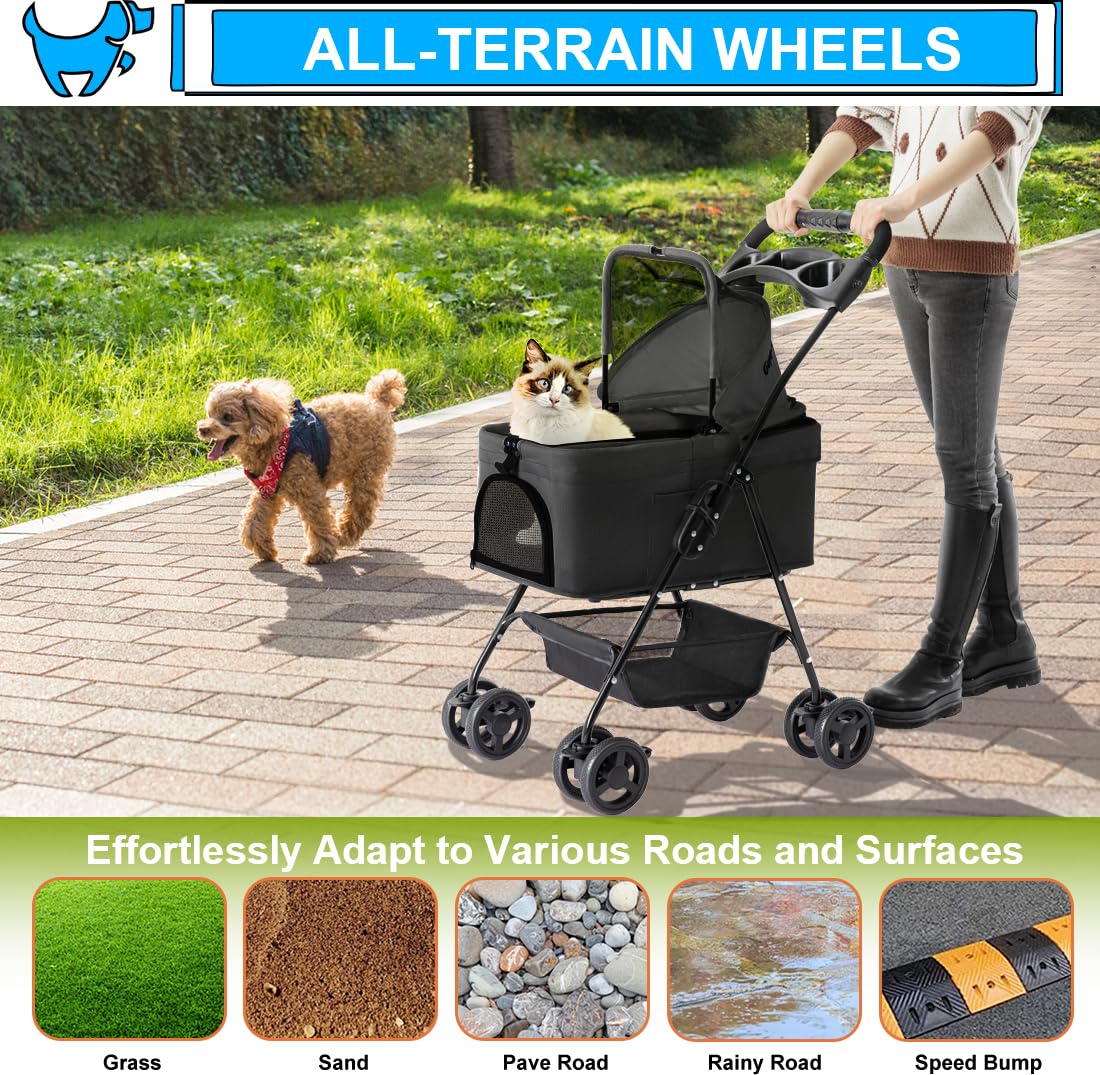 LPOTIUS 3-in-1 Pet Stroller for Small Dogs and Cats, Folding Lightweight Dog Stroller with Detachable Carrier Portable Cat Puppy Jogging Stroller with Cup Holder and Storage Basket, 4 Wheels