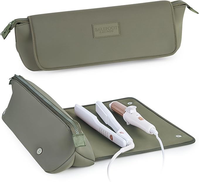 BAREFOOT CARIBOU Hair Tools Travel Bag and Heat Resistant Mat (15.5") for Flat Irons, Straighteners, Curling Iron, and Haircare Accessories, 2-in-1 design, Interior Pockets, Portable Organizer (Olive)