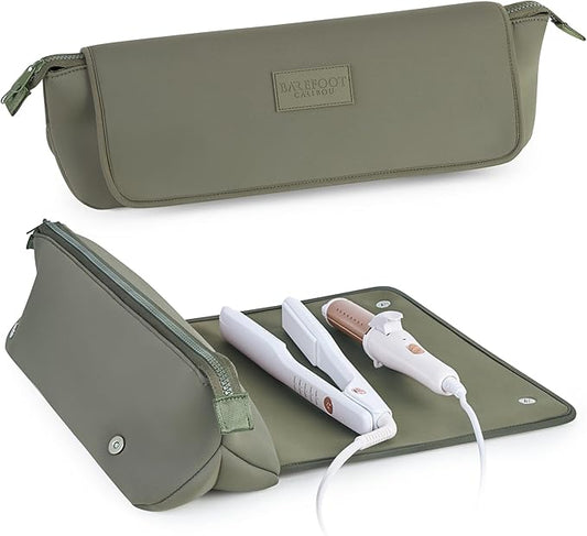 BAREFOOT CARIBOU Hair Tools Travel Bag and Heat Resistant Mat (15.5") for Flat Irons, Straighteners, Curling Iron, and Haircare Accessories, 2-in-1 design, Interior Pockets, Portable Organizer (Olive)