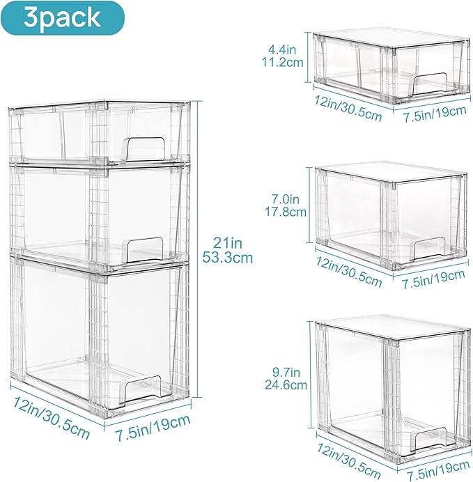 Vtopmart 6 Pack Clear Stackable Storage Drawers,Easy to Assemble Bathroom Organizers and Storage with handles,Plastic Drawers for Kitchen Pantry,Cabinet,Under Sink Organization