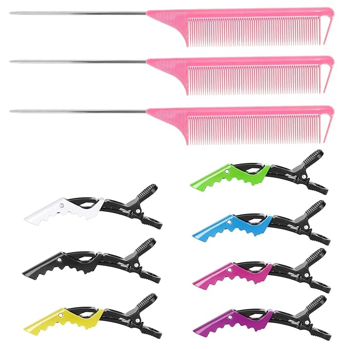 Rat Tail Comb Hair Clips Set: 3Pcs Rat Tail Combs, Hair Styling Combs for Women and 7 Professional Sectioning Hair Clips (Pink)