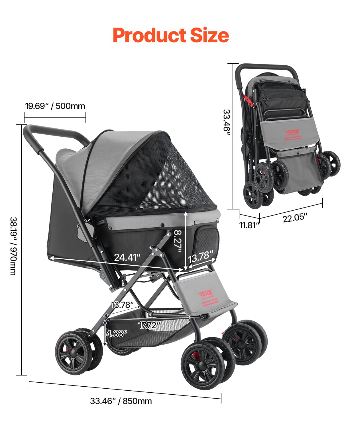 VEVOR Pet Stroller, 44 lbs Weight Capacity, Foldable Dog Cart, 4 Wheels Cats Stroller with Mesh Windows & Revrsible Handle, Portable Pet Carrier with Brake, for Small to Medium Pets