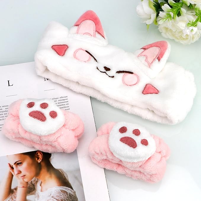 Canitor Face Wash Headband With Wrist Bands - Soft Coral Fleece Spa Makeup Headband With Cute Animal Cat Ears - Elastic Skincare Wrist Towels