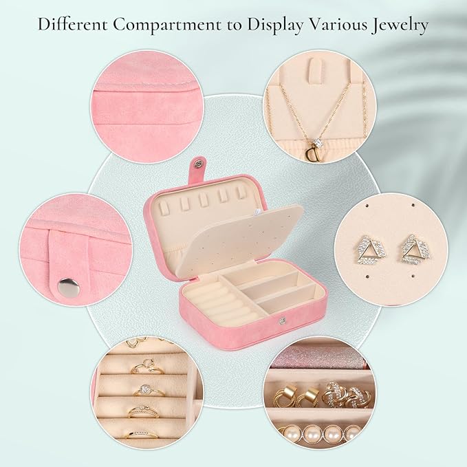 Hatori Travel Jewelry Box, PU Leather Small Jewelry Organizer for Women Girls, Portable Mini Travel Case Display Storage Holder Boxes for Stud Earrings, Rings, Necklaces, Bracelets (Pink Beige)