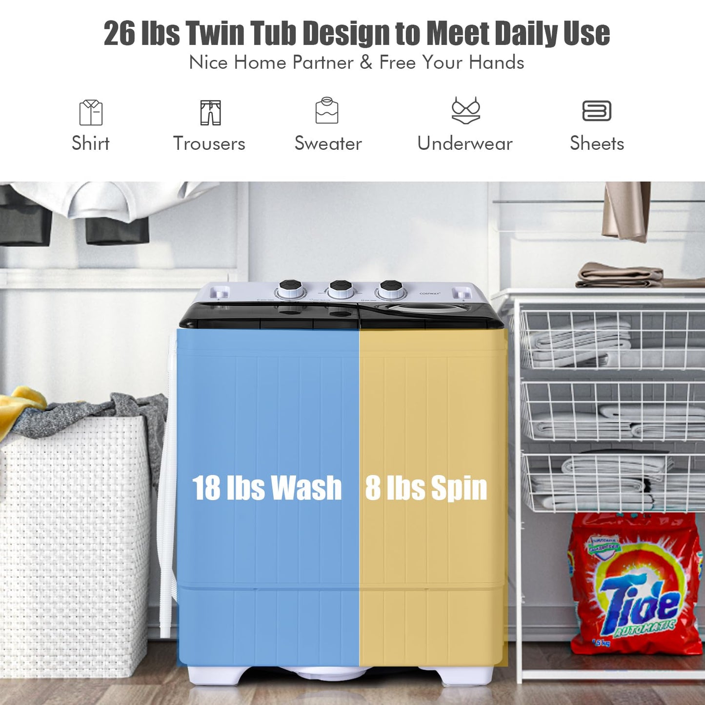 COSTWAY Portable Washing Machine, 2-in-1 Twin Tub 26lbs Capacity Laundry Washer(18lbs) and Spinner(8lbs) with Control Knobs, Timer Function, Drain Pump, Perfect for Home Apartment RV, Black