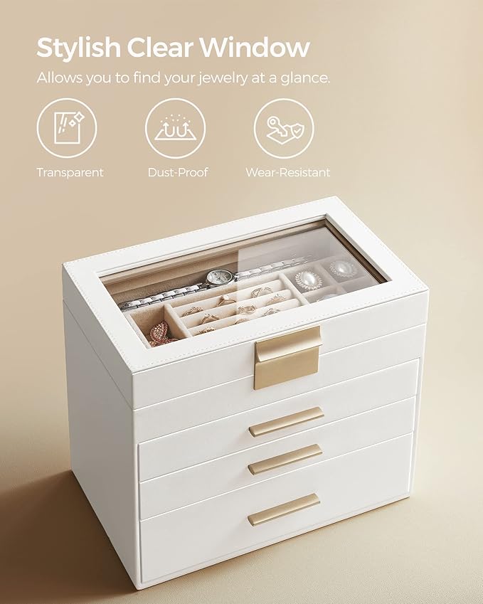 SONGMICS GISELLA Collection - Jewelry Box Organizer, 4-Layer Jewelry Storage with 3 Drawers, Shiny Metal Hardware, Glass Lid, Modern, 6 x 9.9 x 8.5 Inches, Cloud White and Gold Color UJBC161W01