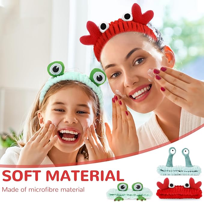 3 Pack Spa Headband Face Wash Hairband Facial Makeup Head Wraps Cartoon Elastic Head Band Cute Frog Snail Crab Shower Headband Creative Hair Accessories for Beauty Skincare Sports