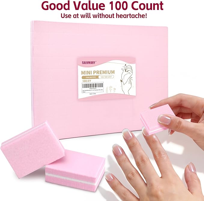 Mini Nail Buffer Blocks, 100/180 Grit Sponge Buffing Sanding Block File Manicure Tools Bulk 100Pcs (Pink)