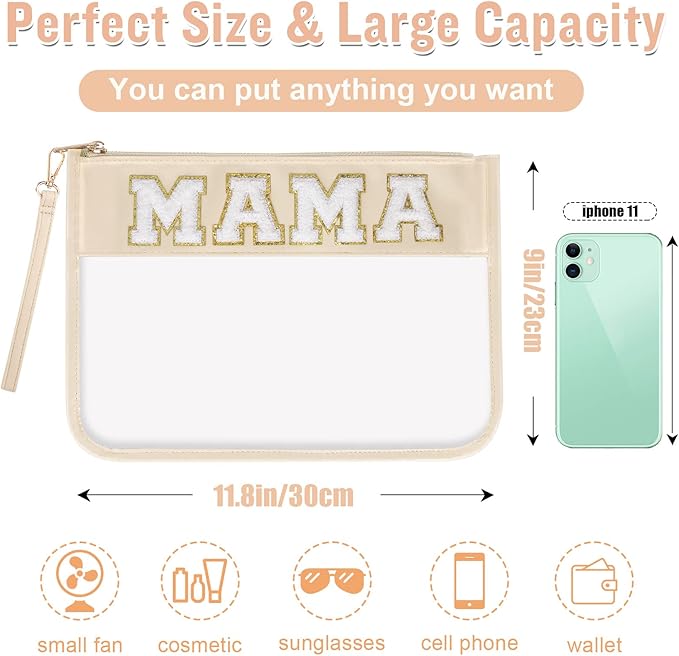 izuzta Chenille Letter Clear Bag Mama Purse Pouch, Monogram PVC & PU Clear Zipper Pouch with Wristlet, Waterproof Portable Glitter Snacks Makeup Beach Pouch Toiletry Bag for Women Girls (MAMA-Beige)