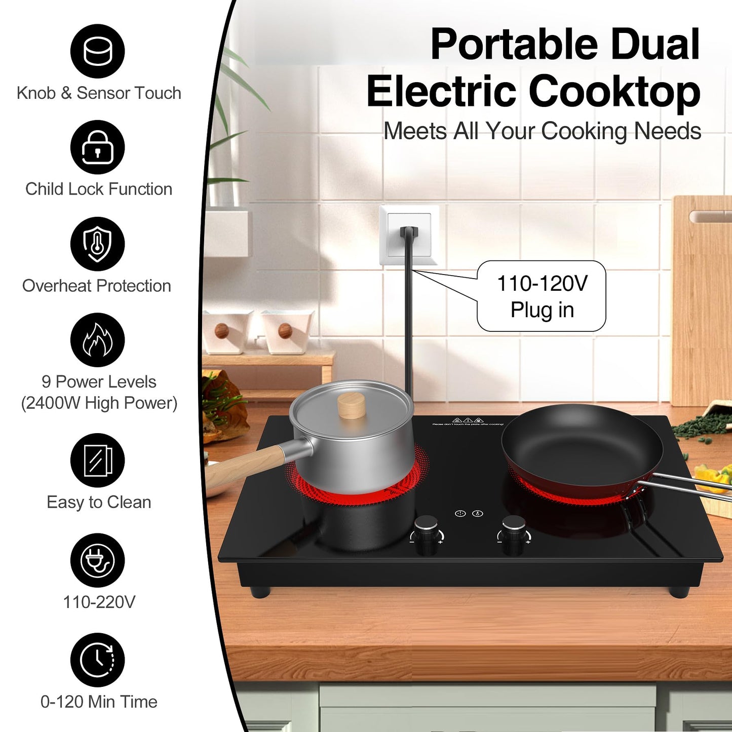 VBGK Electric Cooktop,2400W Electric Stove Top,Countertop and Built-in Hot Plate with Child Safety Lock, Timer, LED touch Knob Control,Overheat Protection,110V 2 Burner Induction Cooktop