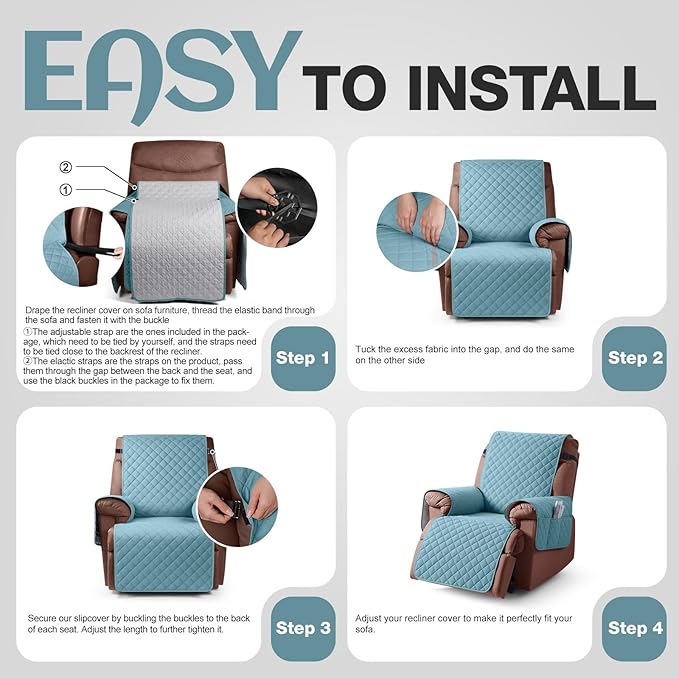 KinCam 100% Waterproof Recliner Chair Cover, Reclining Couch Covers for Pets, Dogs, Recliner Couch Slipcover Furniture Protector with Elastic Straps for Kids(28", Light Blue)