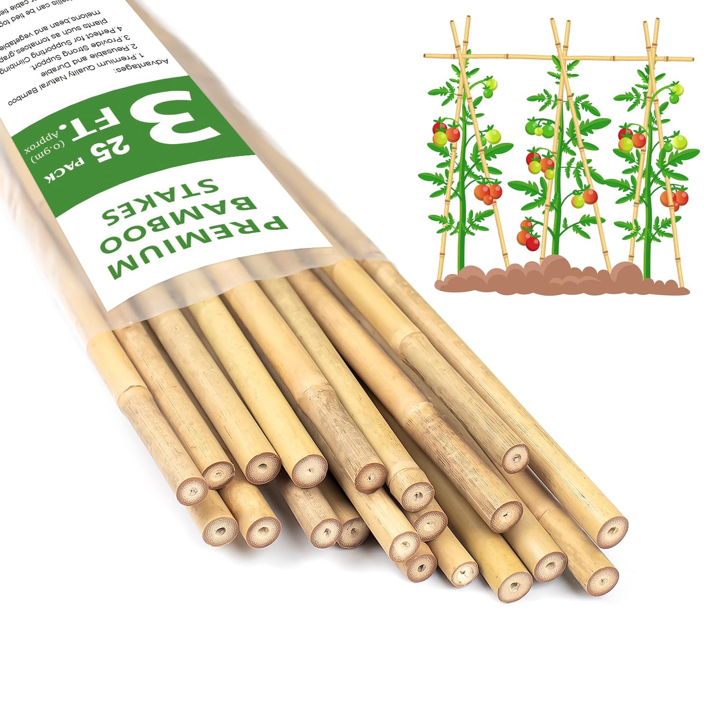 Plant Stakes 3FT, Natural Bamboo Stakes, HAINANSTRY 25Pcs Sturdy Bamboo Garden Stakes, Bamboo Sticks for Plants, Beans, Indoor and Outdoor Climbing Plants, Tomato Vegetable Stakes for Garden