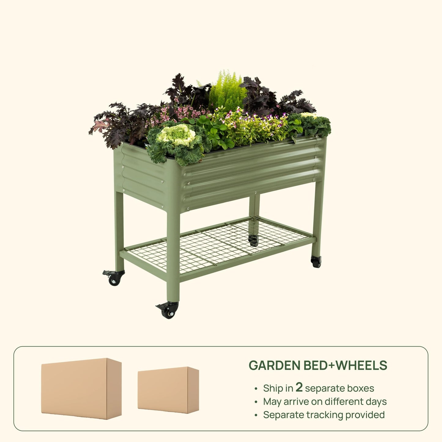 Rolling Elevated Raised Garden Bed-V Series, 2' x 4' Garden Beds with Legs & Storage Rack for Patio & Porch, 700 Lbs Weight Capacity, Outdoor Planter Box for Vegetables Flower Herbs, Pearl White