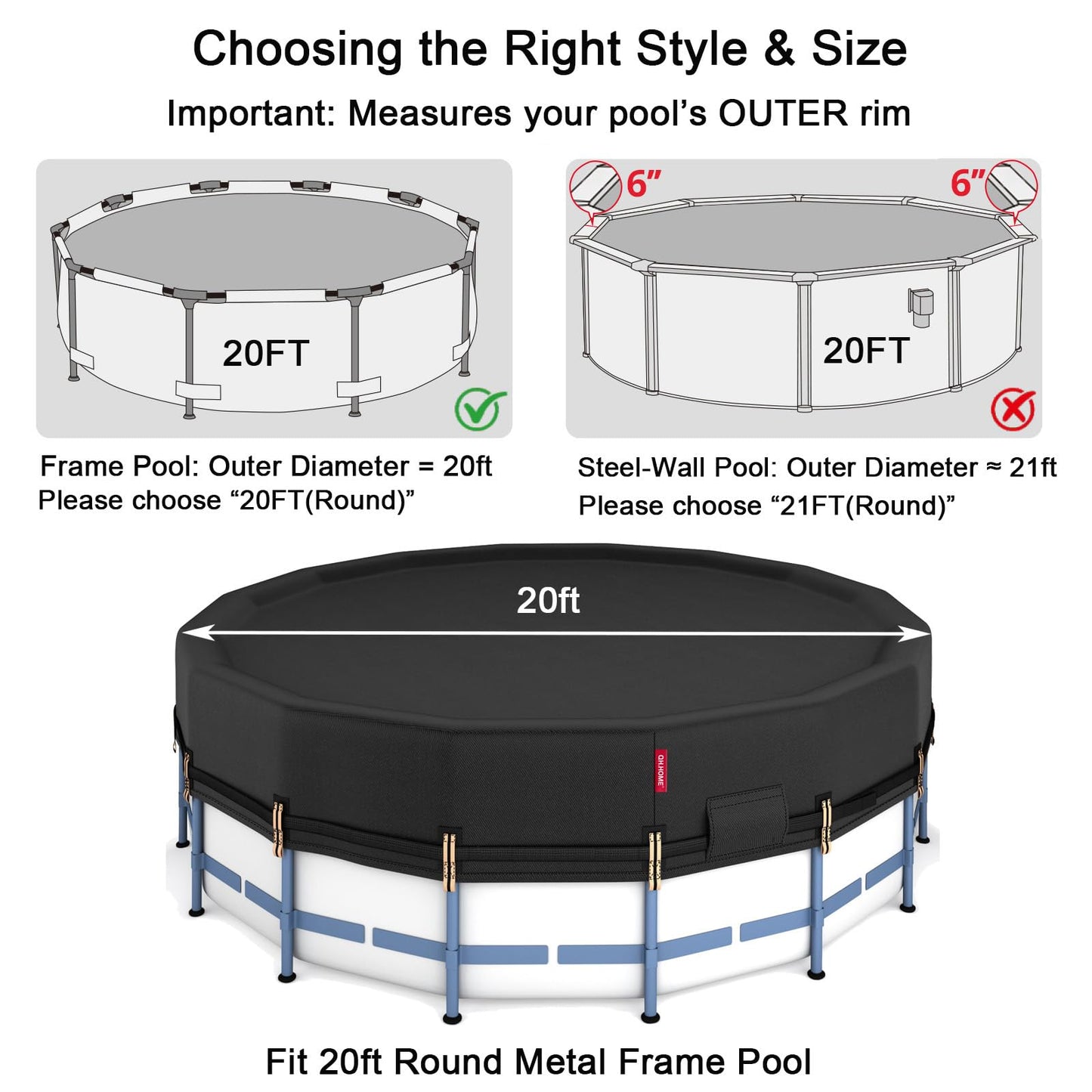 QH.HOME 20Ft Round Pool Cover,Super Windproof Ratchet Straps (1,500lb Break Strength)-Effective Installation/Removal,Pool Cover for Above Ground Pools,Snug Fit,Blocks Leaves, Sun & Water