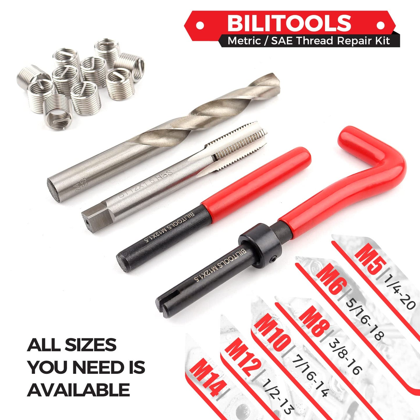 BILITOOLS 7/16-14 inch Thread Repair Kit, HSS Drill Helicoil Repair Kit SAE