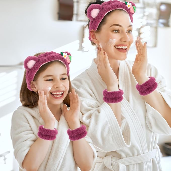 CAVETEE 3 Piece Pink Bear Ears Headband Set - Elastic Headband, Wristband for Women, Girls Wash Face, Skincare, Shower