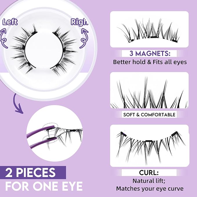B&Qaugen Reusable Magnetic Lashes Magnetic Eyelashes Natural Look False Eyelashes with Applicator Easy to Wear and Remove Glue-Free Pestañas Magnéticas