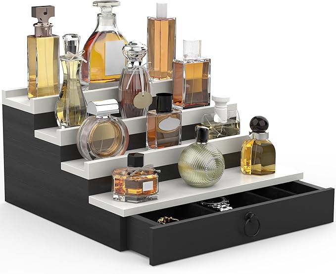 upcessory Cologne Organizer for Men, 4 Tier Black Wood Perfume Organizer with Felt Lining Drawer and Hidden Compartment, Perfume Display Holder, A Gift for Men