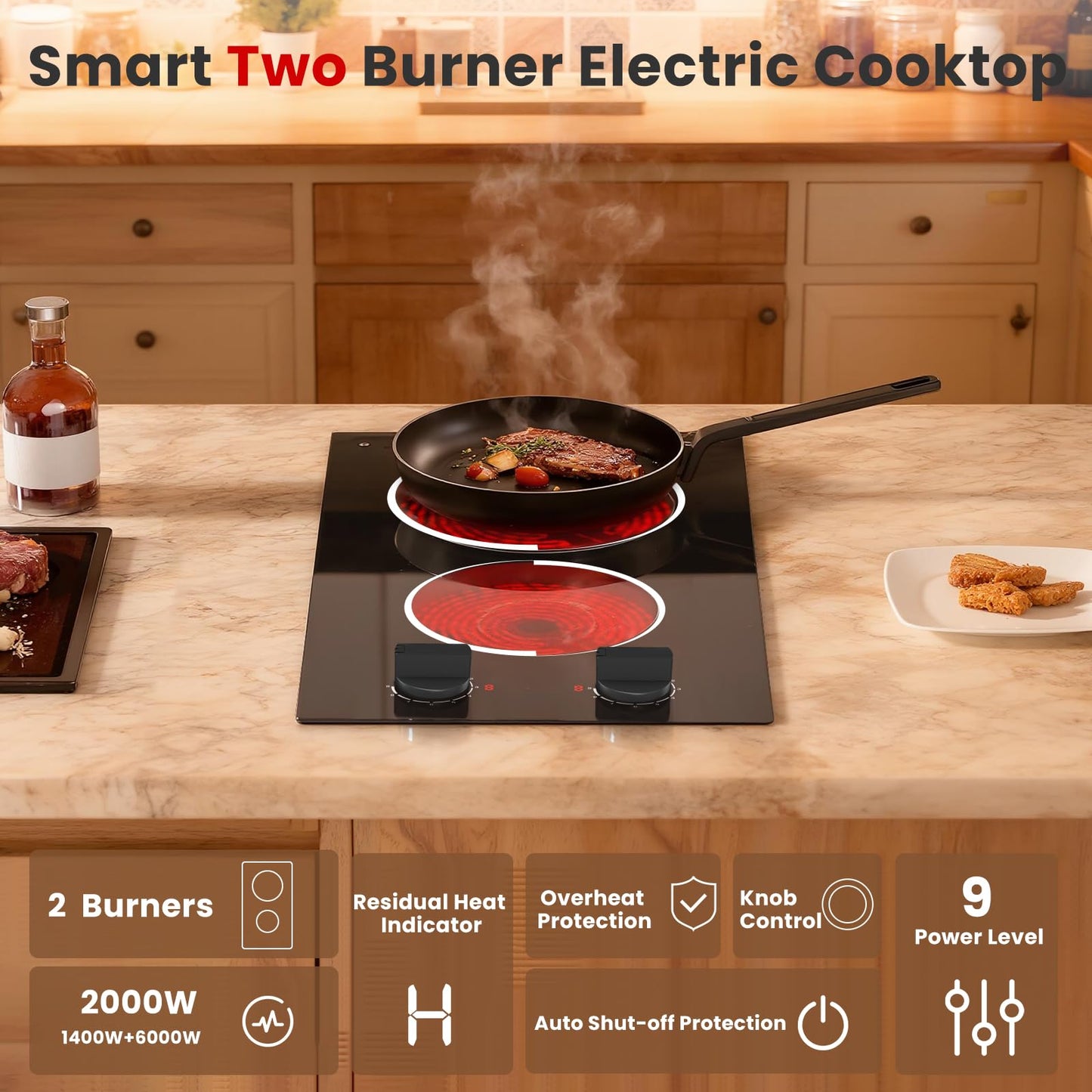 Jessier 2 Burner Electric Cooktop - 12 Inch Plug in Portable 110V Electric Cook Top Two Burner, Built-in & Countertop Ceramic Stove Top with Knob Control, 9 Power Levels and Overheat Protection