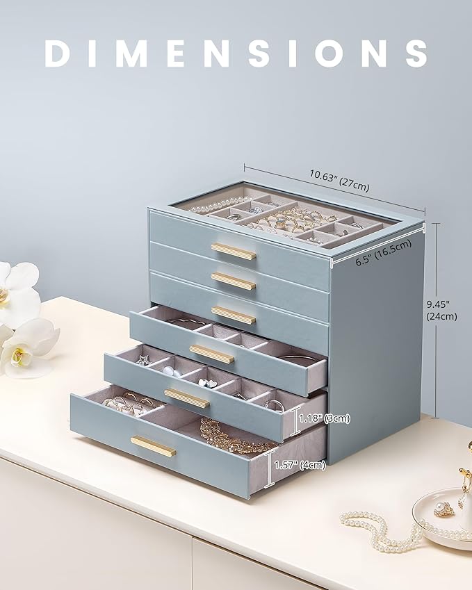 Lolalet Jewelry Box Organizer, 6-Layer Jewelry Organizers and Storage Case with Glass Lid, Ring Earring Bracelet Necklace Holder Organizer, Birthday Valentine Gifts for Women Girls -6Layer, HazeBlue