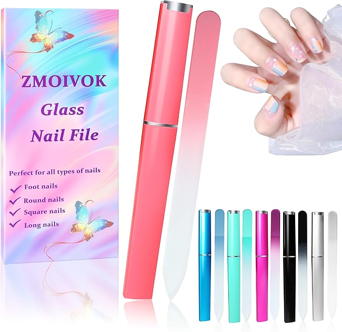 6 Pack Glass Nail File with Case, Professional Nail Files for Natural Nails, Double Sided Crystal Nail File,Nail File Kit for Girls Women Adults Birthday Christmas Gifts Stocking Stuffers (MIX-001)