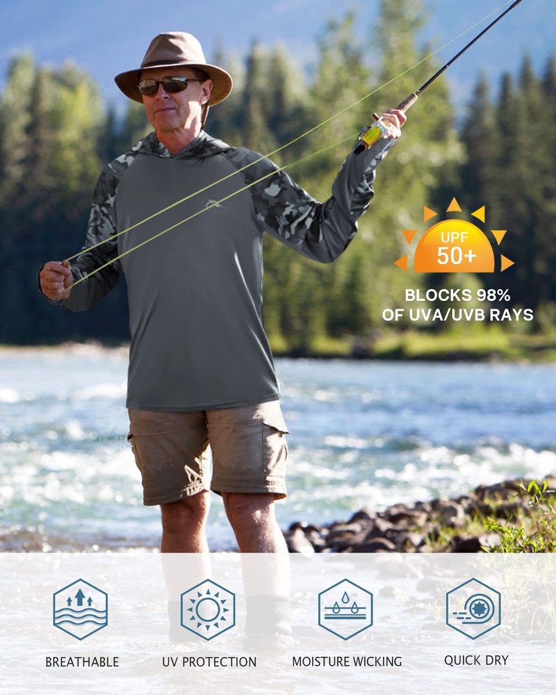 FISHEAL UPF 50+ Fishing Shirts for Men - Sun UV Protection Hoodie SPF Camo Long Sleeve Swim Shirts for Hiking Quick Dry