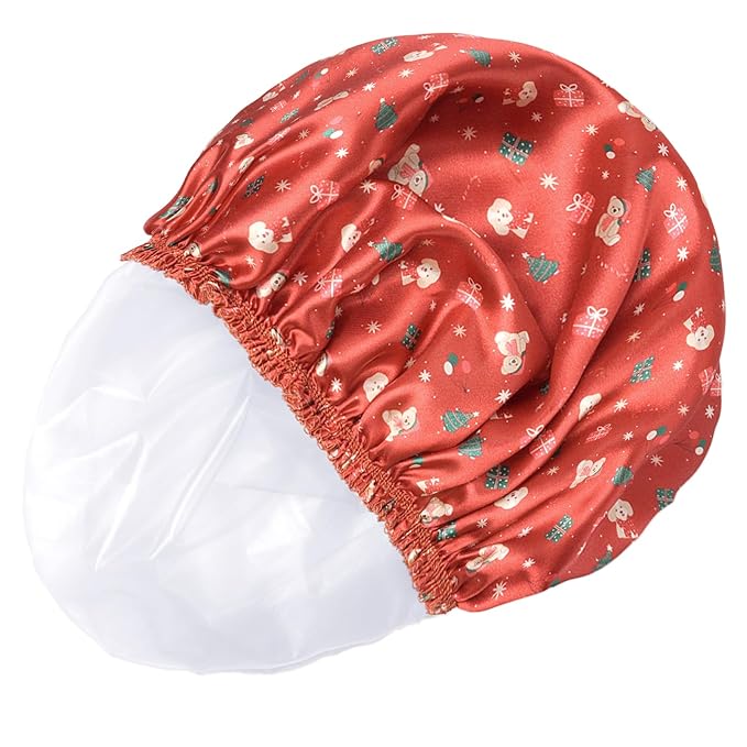 4 PCS Shower Cap for Women, Elastic and Reusable Bath Caps, Double Layers Shower Caps Reusable Waterproof, Bathing Shower Caps, Environmental Bath Hair Protection Cap - Chrismas Pattern