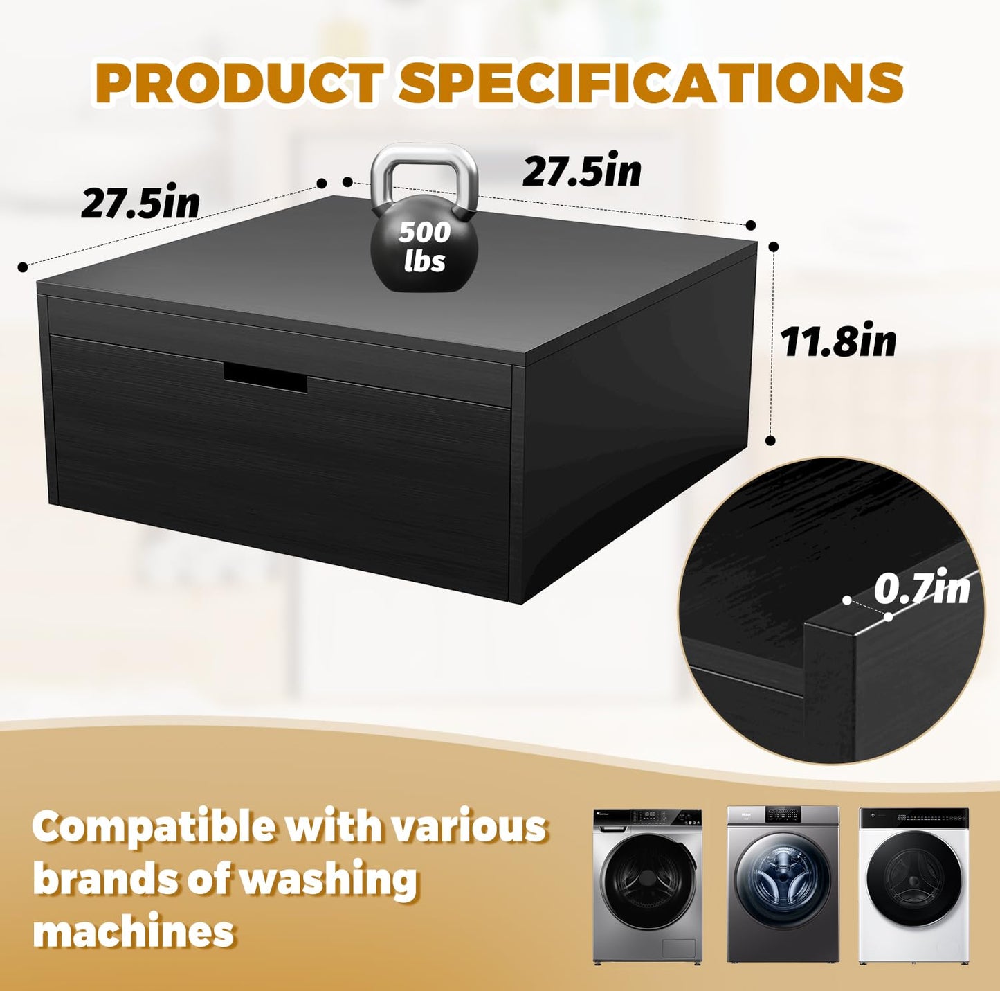 LYASIL Laundry Pedestal, Heavy Duty Wood Washer Dryer Pedestal, 27.5" Universal Washer and Dryer Stand, 500 LBS Capacity (Black)