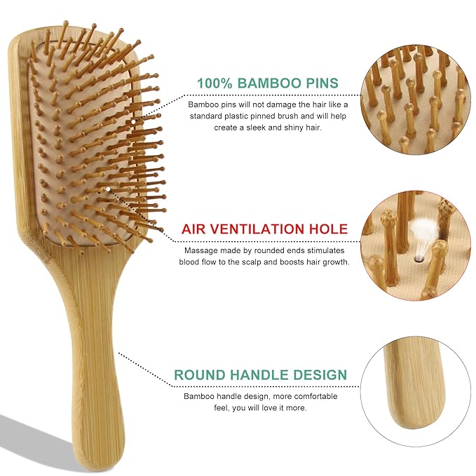 100% Bamboo Hair Brushes and Comb Set by Combetter, Comb for Women and Detangling, Great on All Hair, Eco-Friendly and Handmade for Women Men and Kids