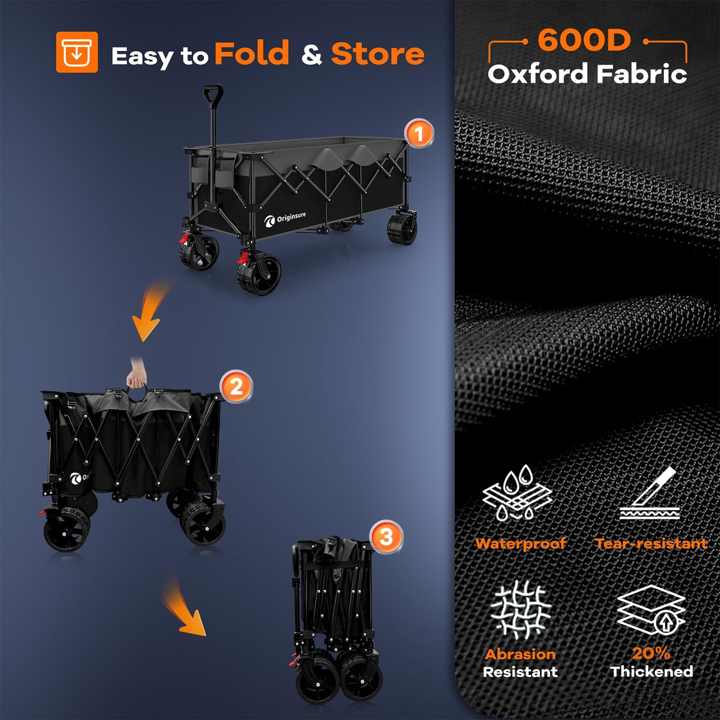 48" L Folding Beach Wagon Cart Foldable, 560lbs Weight Capacity 300L Heavy Duty Collapsible Wagons with Big All-Terrain Wheels, Utility Carts for Groceries, Shopping, Camping, Sports - Grey&Black