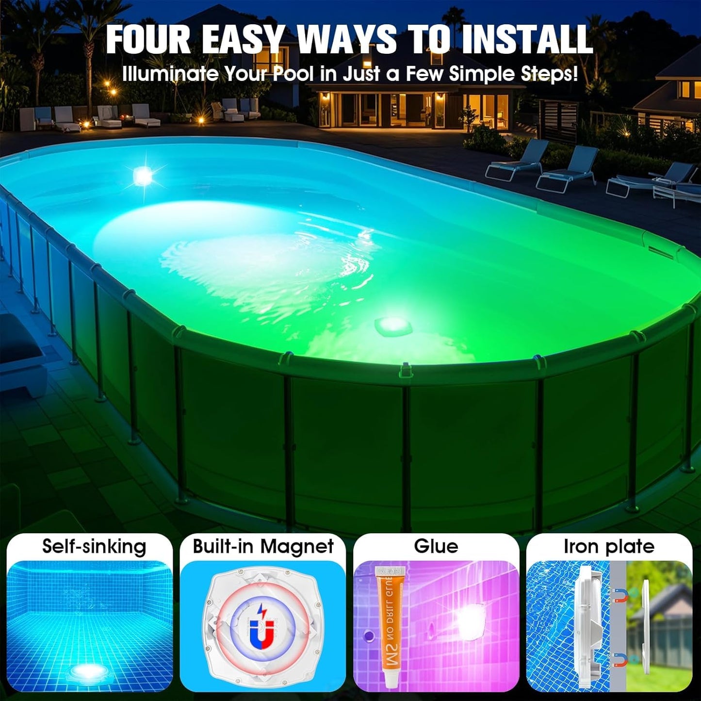 PoolBliss Rechargeable Submersible Pool Lights with Remote, 5000mAh Underwater Led Pool Light for Above Ground Pool Lights Waterproof, 9 Modes Color Changing Magnetic Swimming Inground Pool Lights-2PC