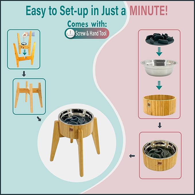 Elevated Dog Bowl with Slow Feeder Insert - (12-inch High) Ideal for Large Dogs - Suitable for Wet or Dry Dog Foods, Stainless Steel and Bamboo