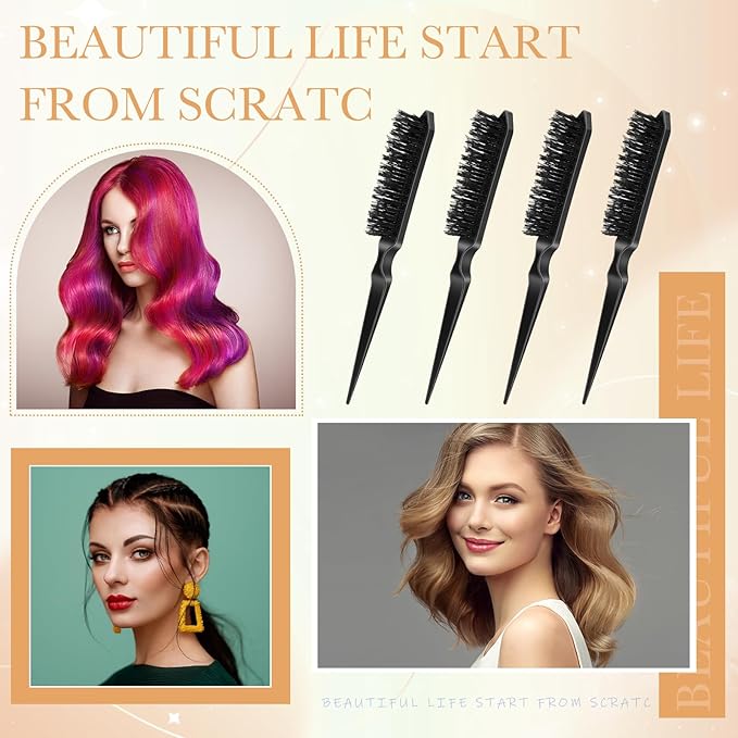 Yaomiao 6 Pcs Teasing Brush for Fine Hair Nylon Rat Tail Brush Set Women Three Row Salon Teasing Set for Back Combing, Root Hair Scalp Massage(Black)