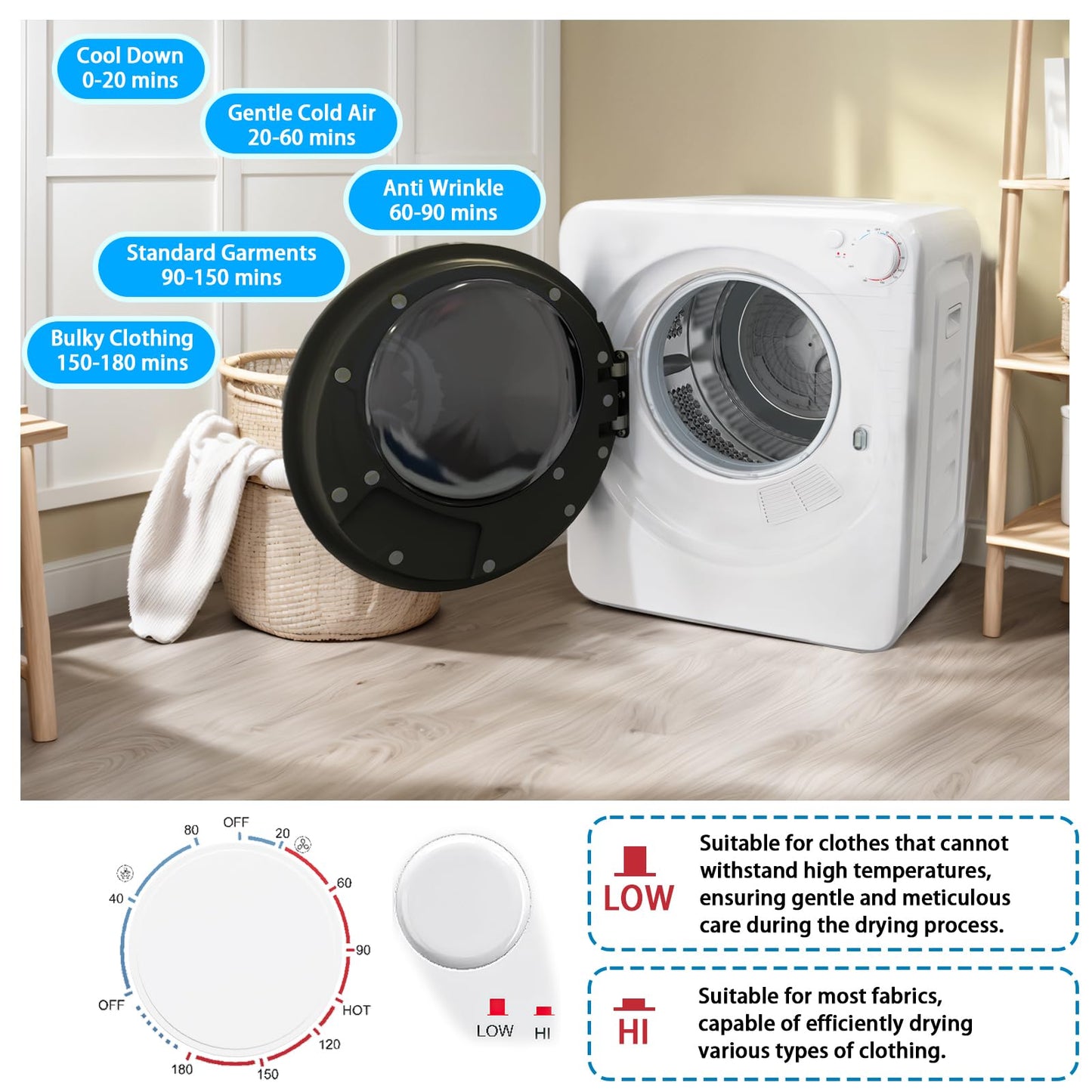 Stopsad 1.6 Cu.Ft Portable Clothes Dryer, 800W Fast Drying Front Load Laundry Dryer with 5 Mode, Mini Electric Clothing Dryer with Stainless Steel Tub, Compact Machine for Apartment, Home, Dorm