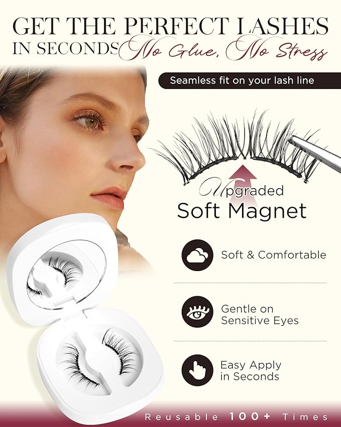 BEYELIAN Magnetic Eyelashes with Applicator Kit, Upgrade Soft Magnetic Lashes Reusable False Eyelashes Natural Look, No Glue Needed for Eye CS101 (Lightweight & Comfortable)