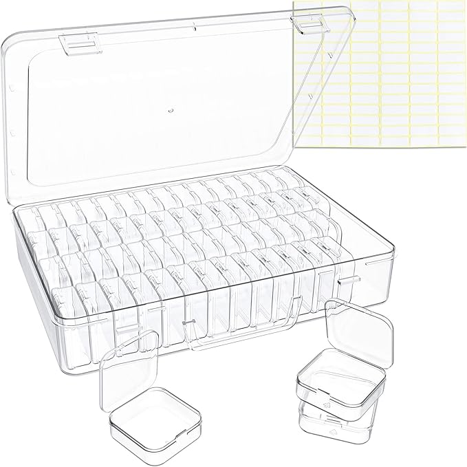 Bead Organizer Box, 60 Pack Small Clear Storage Boxes with Labels, Large Travel Craft Case with Handle, Mini Plastic Containers for Jewelry Making Diamonds DIY Pony Bracelet Screws Seeds Small Parts