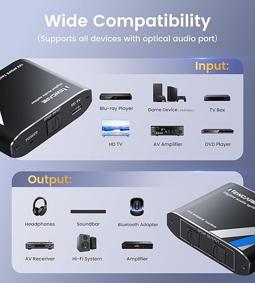 NEWCAER Digital Optical Splitter 1 in 2 Out,SPDIF Toslink Digital Optical Audio Cable Splitter 1x2 Support LPCM2.0 Doldy Digital & DTS 5.1 for Xbox,PS4,PS5,DVD,TV Box,Home Theatre, Receiver,Sound Bar