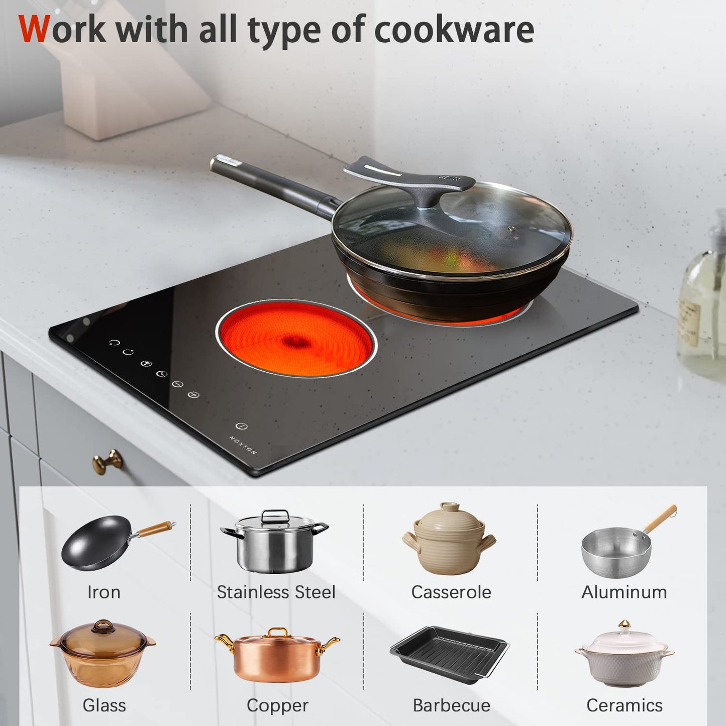 Noxton 30”Electric Cooktop with Downdraft Vent, 4 Burner Radiant Stove Top, 6000W, 240V Hardwired, 9 Heat Settings, 99-Min Timer, Pause & Child Lock(No Exhaust Pipe Required)