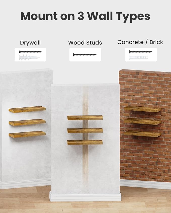 AMADA HOMEFURNISHING Floating Shelves, Wall Shelves for Bathroom/Living Room/Bedroom/Kitchen Decor, Decor Shelf with Invisible Brackets Set of 3, Rustic Brown - AMFS07V