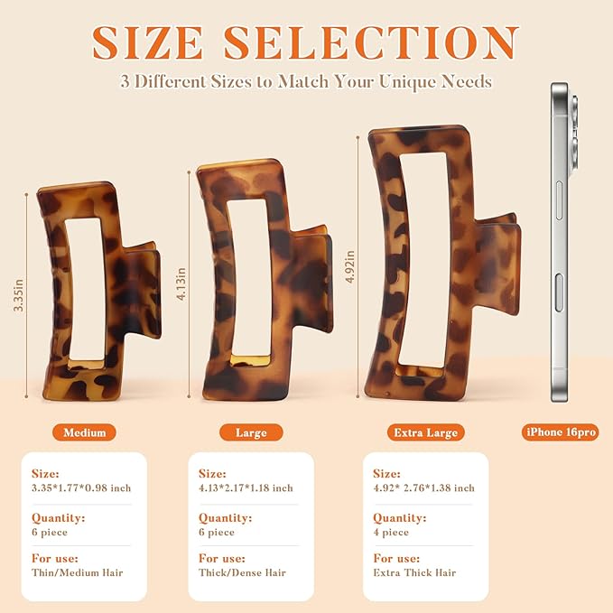 Auseibeely 4 Pack 5 Inch Extra Large Claw Clips for Thick Hair, Jumbo Tortoise Shell Claw Clip for Hat, Big Square Hair Clips for Thick/Long/Curly Hair, Non-slip Baseball Jaw Accessories