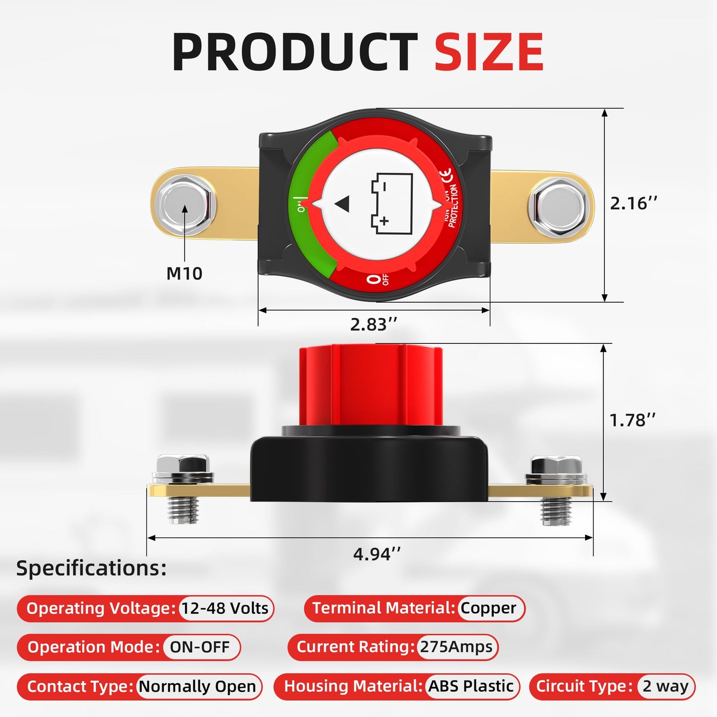 Joinfworld Side Post Battery Disconnect Switch 12V-48V 275A Waterproof Marine Battery Cut Off Switch 12 Volt for Car RV Boat ATV UTV Vehicles